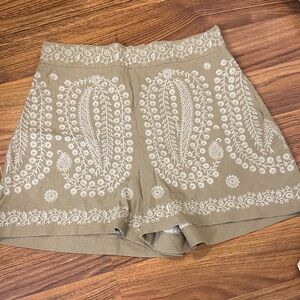 Zara Khaki High Waist Shorts with White Embroidery